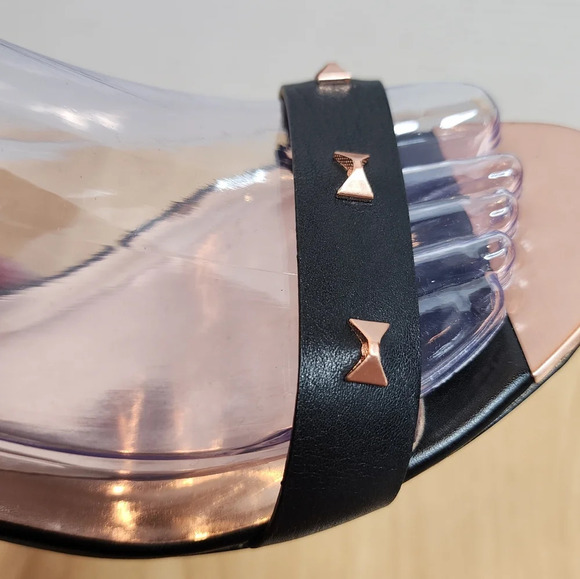 Ted Baker Rose Gold Bow Stud Black Block Heel Biah Sandals women's size EU 40.5 - Picture 3 of 17